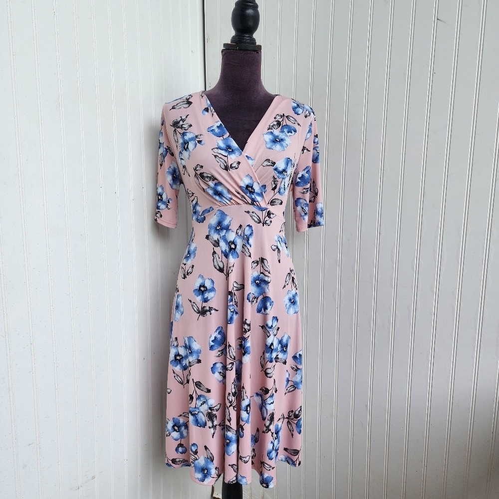 My Bump Pink Blue Floral Stretch Maternity Dress Short Sleeve Tie Back Large